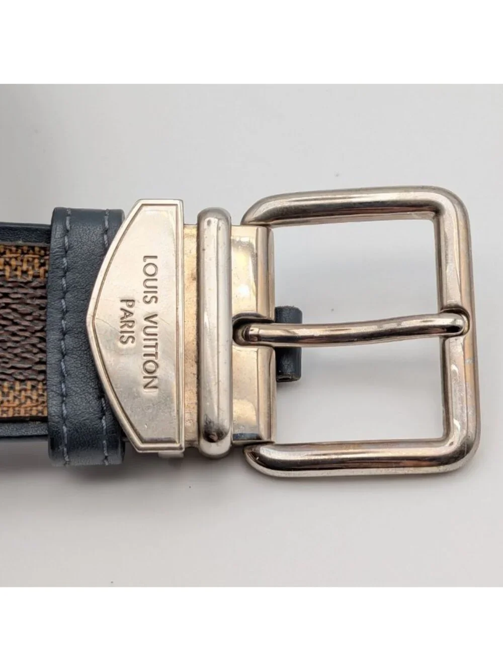 Louis Vuitton Ceinture Sidney Damier Belt Logo Silver Brown Navy
